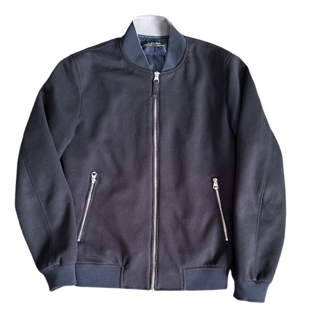 Zara Man Full Zip Bomber Jacket Lightweight Waffle Knit Mens Small Black